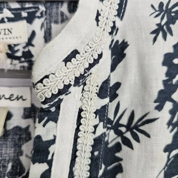 Women's MALVIN I Love Linen Tunic Top size M 8 NAVY BLUE & WHITE Floral Boho LS - Picture 6 of 8